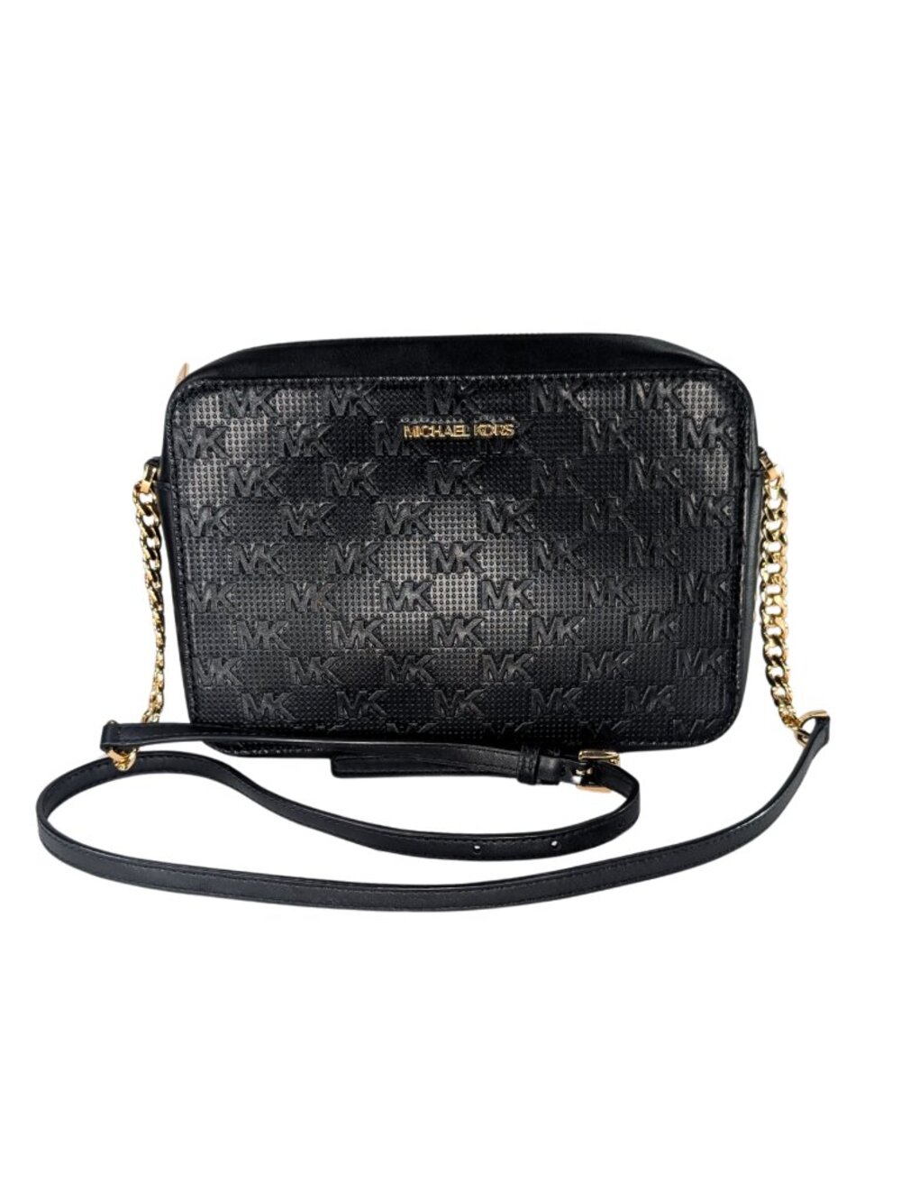 Michael Kors Black Leather Embossed Signature Gold Chain Jet Set Crossbody